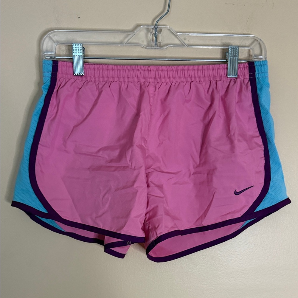 Nike Women's Pink Athletic Shorts with Light Blue Side Panels and Purple Trim